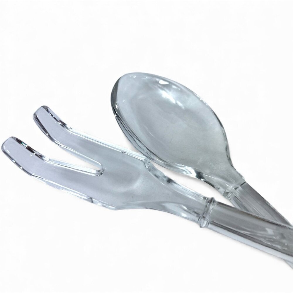Vintage Clear Glass Salad Server Set Fork and Spoon 10 Inch - Picture 2 of 8
